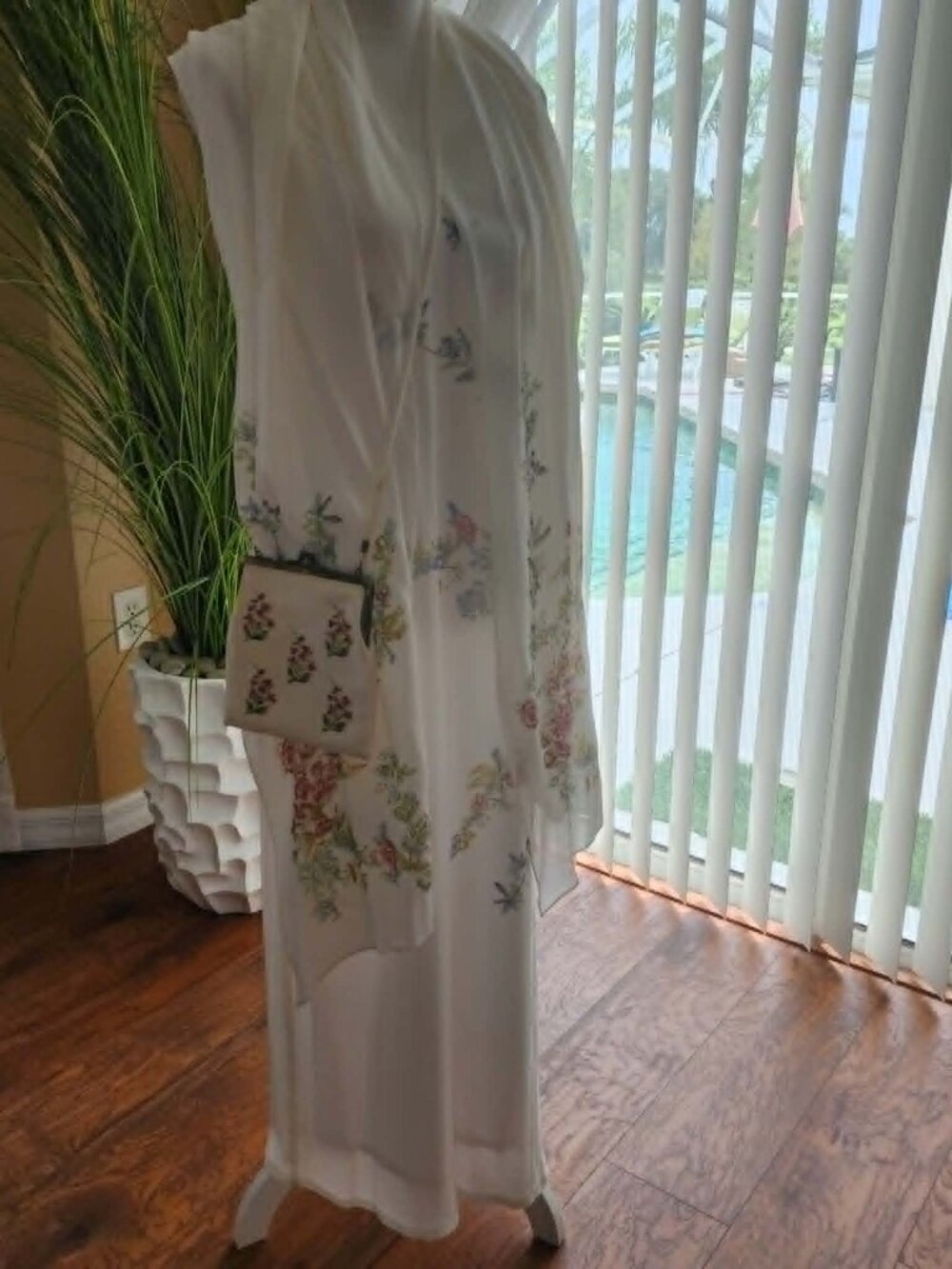 Barbara Lesser Floral Maxi Dress Set S with Silk Clutch & Scarf